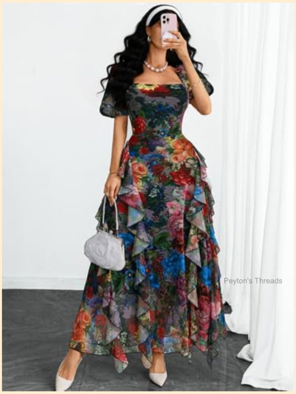 Women Floral Square Neck Puff Sleeve Ruffle Hem Mesh Maxi Dress - Picture 5 of 7